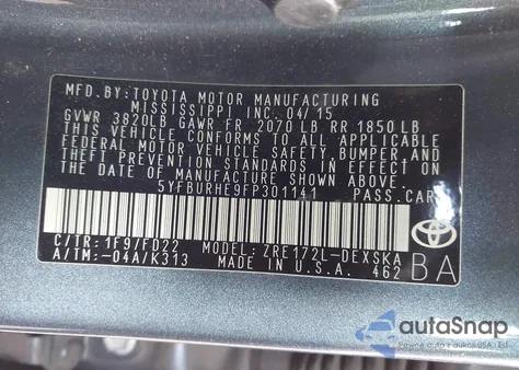 2015 Toyota Corolla S Plus из США, поврежденный, VIN 5YFBURHE9FP301141